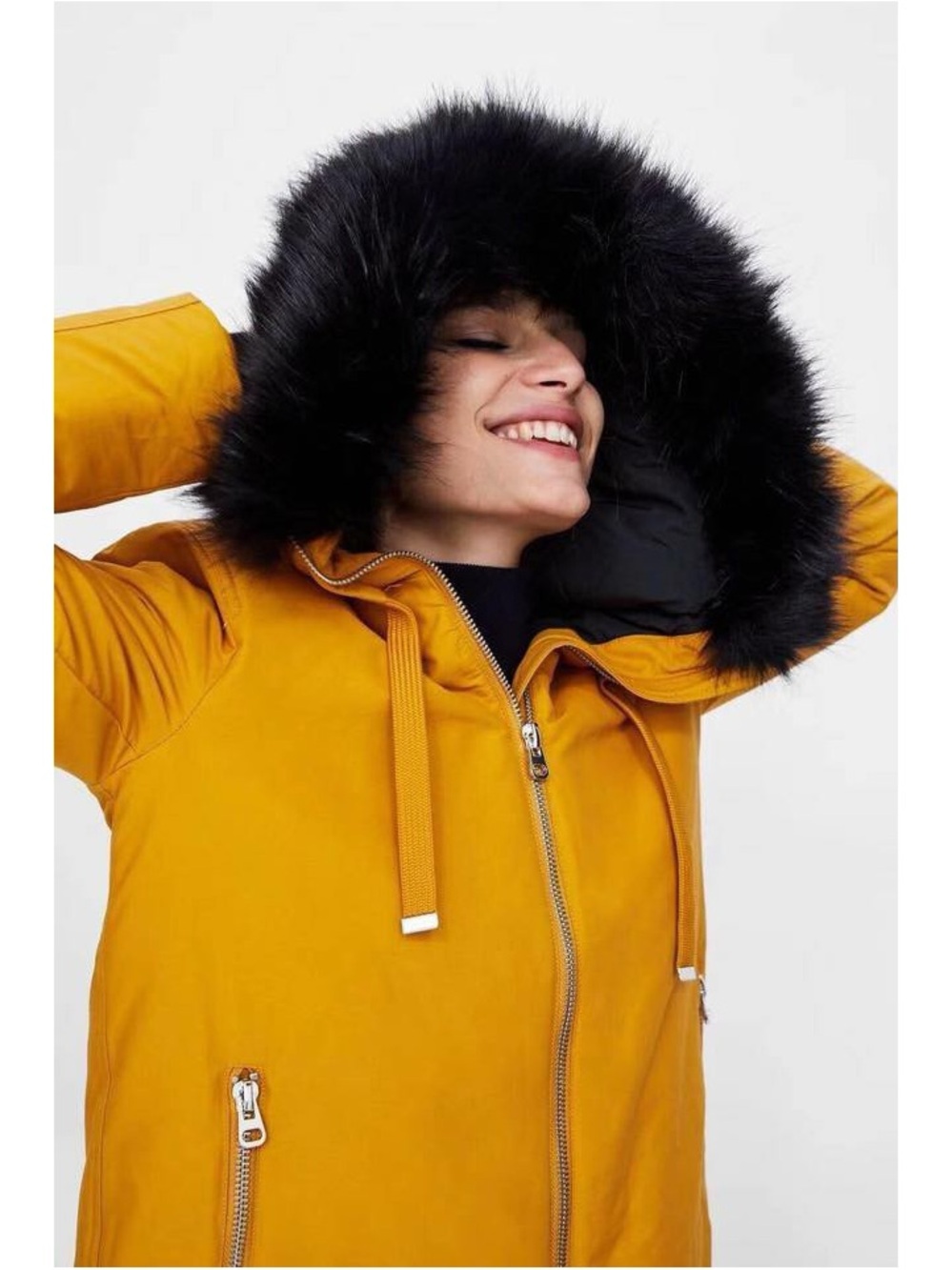 Zara Mustard Yellow Parka / Puffer Jacket with Black Faux Fur Removable Hood